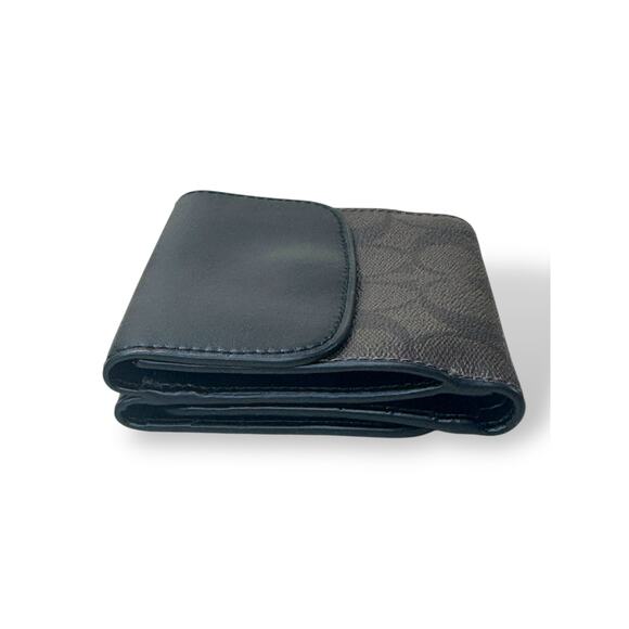 Coach Small Tri-Fold Wallet Black Leather & Signature Canvas Card Holder - Picture 9 of 13